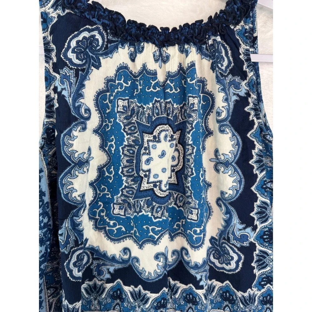 Bila Womens Blue Medallion Paisley Sleeveless Boho Ruffle Tassel Top Large - Picture 8 of 8